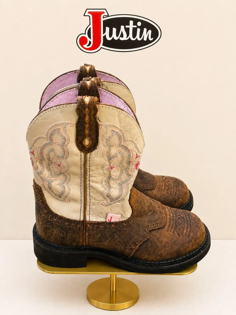 Justin Kids Western Cowboy Boots Brown Cream Embroidered Leather Size 7B